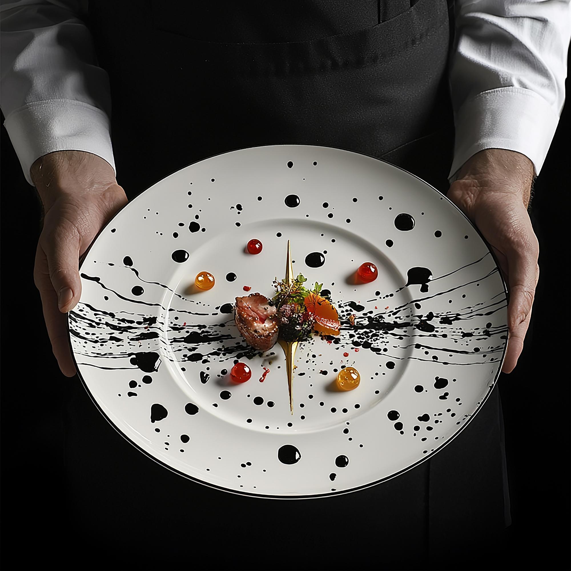 Chef preparing plated dish with bold styling